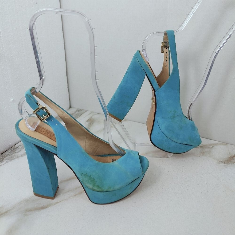 Schutz Turquoise Leather Textile Y2K Style Chunky Platform Peep Toe Heels, 7 - Picture 2 of 15